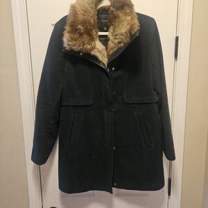 Marc New York Dark Green Pea Coat with Faux Fur Collar